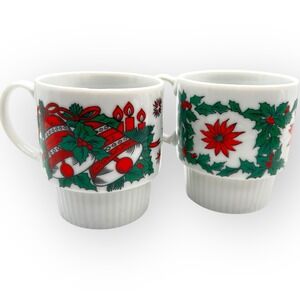 MCM Vintage Stackable Ceramic Christmas Mugs Japan Set Of 2 Poinsettia Bells